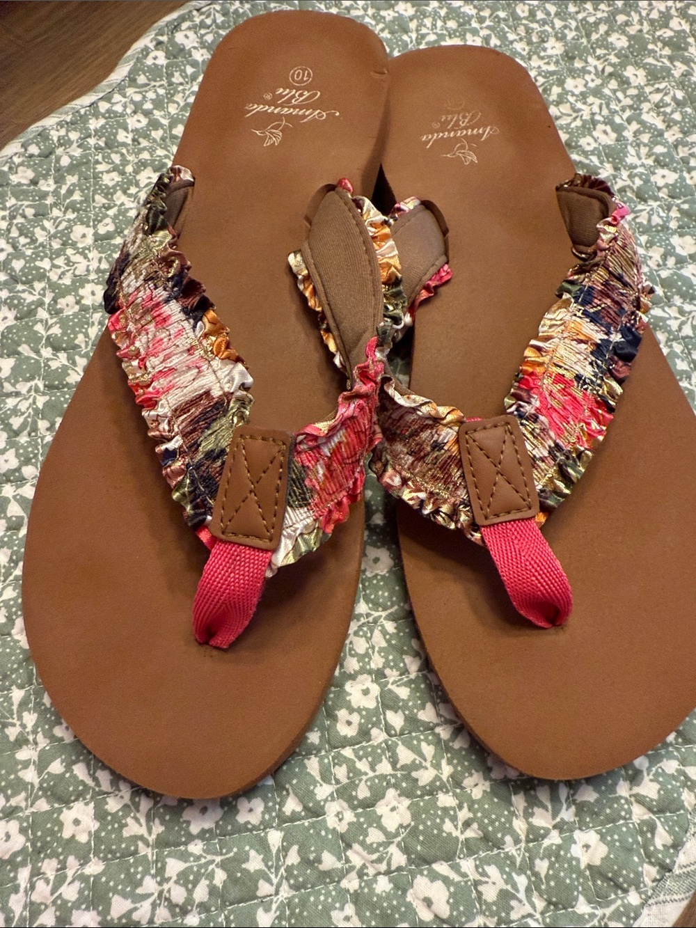 Pink multicolor ruffle strap flip flops. Size 10